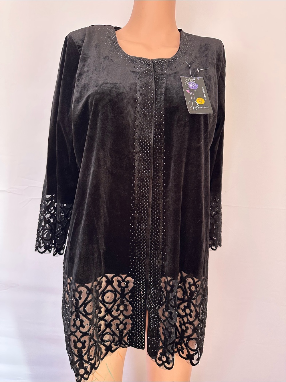 Black Velvet Embroidered Open Front Jacket